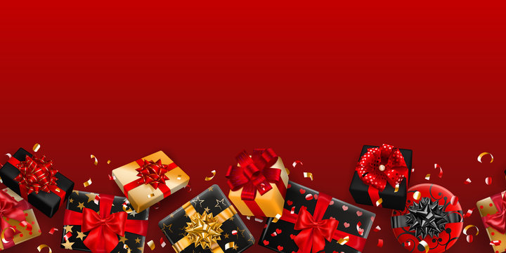 Vector illustration of repeating black and golden gift boxes with ribbons, bows and shadows, and small shiny pieces of serpentine on red background