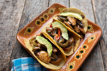 Mexican vegan tacos with avocado and mushrooms