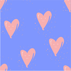 Seamless pattern with hearts on blue. Hand drawn background.