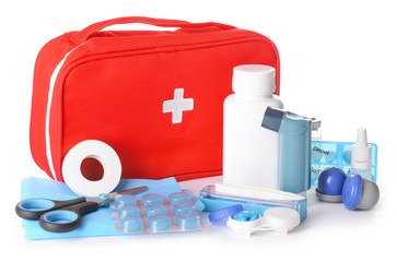 First aid kit on white background