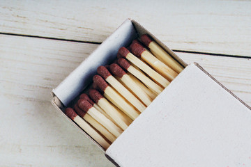 Matches in box, on white background. Macro photography. Close-up shot. Matches in open match-box