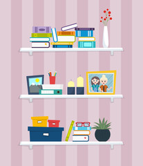 Vector illustration of bookshelves with colorful books, stationery, boxes, candles, photo frame