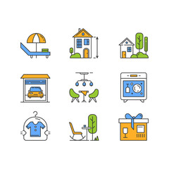 Apartment amenities color icons set. Outdoor furniture, lounge. Dry cleaning, dishwasher, package service. High ceiling building, cottage with garden, car parking. Isolated vector illustrations