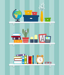 Three shelves with plants, books, glasses, globe and watches on striped wall background