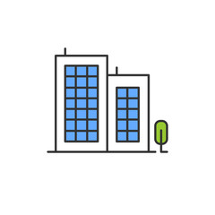 Multi-storey building color icon. Apartment houses and tree. Multistorey housing, modern condo. City accommodation, hotel, business center exterior. Urban property. Isolated vector illustration