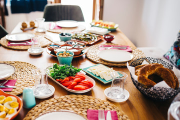 Delicious traditional turkish breakfast on table