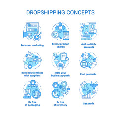 Dropshipping concept icons set. Online delivery service idea thin line illustrations. Focus on marketing, make your business growth, get profit. Vector isolated outline drawings. Editable stroke