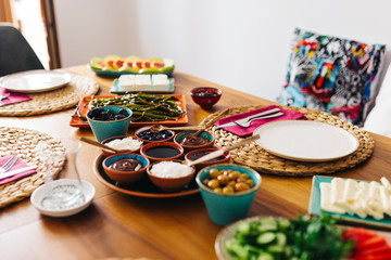 Delicious traditional turkish breakfast on table