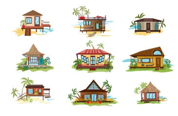 Tuinposter Set of different styles of bungalows on shore vector illustration © greenpicstudio