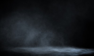 Wet asphalt, reflection of neon lights, a searchlight, smoke. Abstract light in a dark empty street with smoke, smog. Dark background scene of empty street, night view, night city.