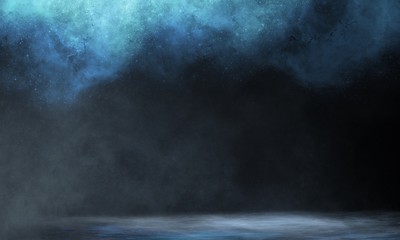 Wet asphalt, reflection of neon lights, a searchlight, smoke. Abstract light in a dark empty street with smoke, smog. Dark background scene of empty street, night view, night city.