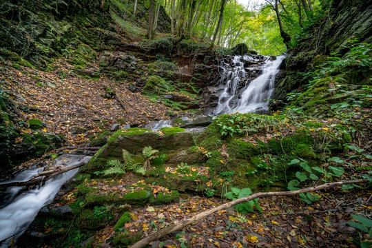 Kleiner Wasserfall eines Baches in einem Wald in der Eifel