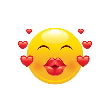 Heart emoji icon. 3d face smile for love chat, message design Realistic sexy lips symbol, beauty kiss emoji sticker. Cute cartoon social network sign. Vector illustration isolated on white background.