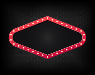 Realistic billboard on dark brick background wall, led lights frame. Vector