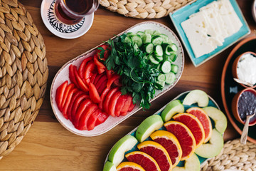 Delicious traditional turkish breakfast on table