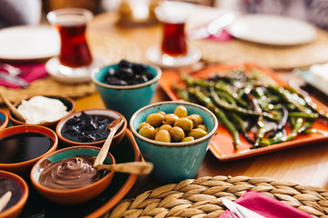 Delicious traditional turkish breakfast on table