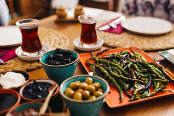 Delicious traditional turkish breakfast on table