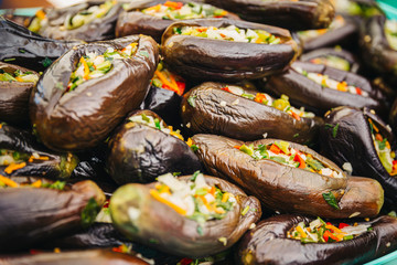 Close up photos of eggplant pickles which fill of lots of vegetables