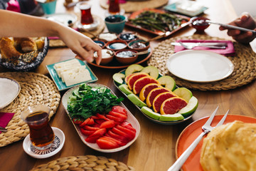 Delicious traditional turkish breakfast on table