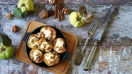 Baked quince. Autumn dish. Vegetarian recipes. Healthy dessert.
