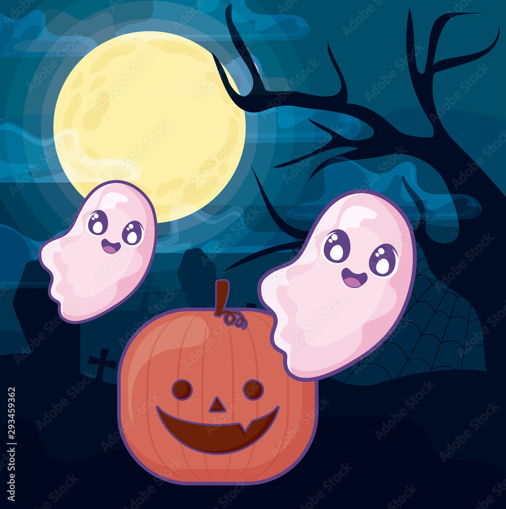 Sticker halloween pumpkin with ghost on halloween scene