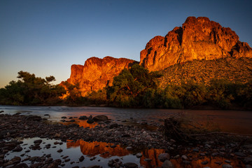 Sunset reflecting on cliffs along Salt River in Arizona