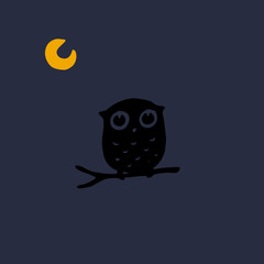Dark shadow silhouette of an hand drawn owl, perched on branch on a night with yellow moon on a blue background, perfect for halloween.