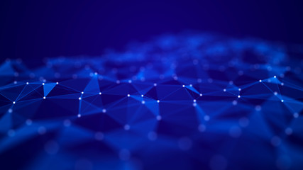 Abstract digital background. Space filled with polygons and dots. 3D wave.