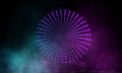 Abstract neon background with a light circle in the center.  Dark scene with a neon circle, smoke, smog.  Light circular tunnel.