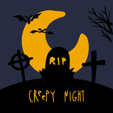 Halloween night background picture with creepy cemetery, bats and hand lettering creepy night. Vector elements for banner, greeting card halloween celebration, halloween party poster. sketch style