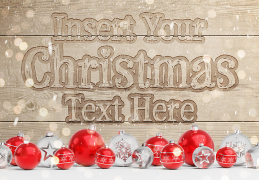 Christmas Wooden Text Effect Mockup with Ornaments