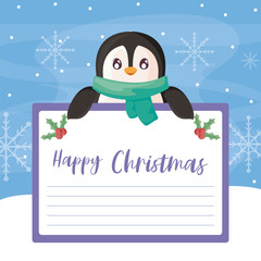 happy christmas label with penguin