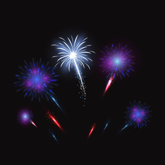 Festive patterned fireworks in the city, bursting in various forms, sparkling pictograms Abstract. New Year and birthdays. Vector illustration