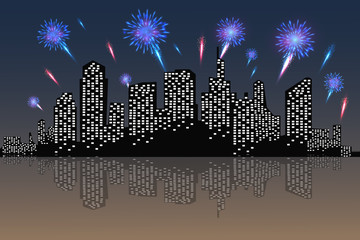 Festive patterned fireworks in the city, bursting in various forms, sparkling pictograms Abstract. New Year and birthdays. Vector illustration