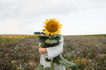 Sunflower covering face of a boy in a field