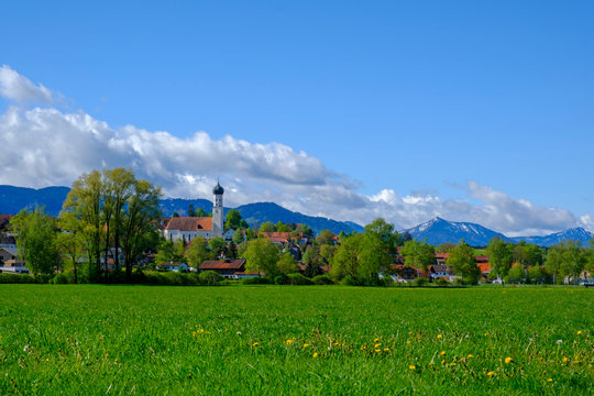 Grass and trees in front of town in Alpine Foothills, Konigsdorf, Bavaria, Germany