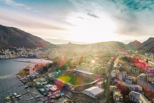 Aerial view of Como in winter early in the morning, Italy