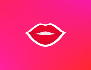 Lips with Make up, Red Lipstick. Beautiful promo Banner with copy space for Cosmetics Store in glamour Pink Color. Smile with Red Lipstick of beautiful girl.