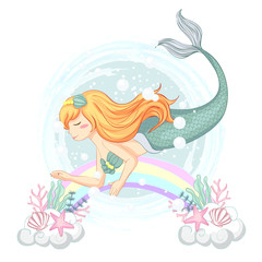 Naklejka na ściany i meble vector illustration of cute mermaid with rainbows and coral shell plants hand draw .
