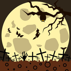 Halloween vector image with the image of a zombie hand that crawls out of the grave. Background of a cemetery with crosses, the moon, grounding, bats, night, witch, owl, branches at night.