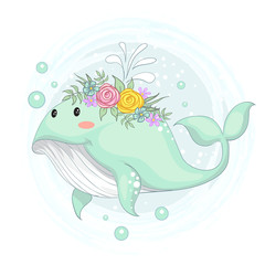 Fototapeta premium vector illustration of a cute whale with a flower crown hand draw.