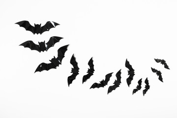 Halloween decorations concept. Halloween with black bats on white background. Flat lay, top view, copy space