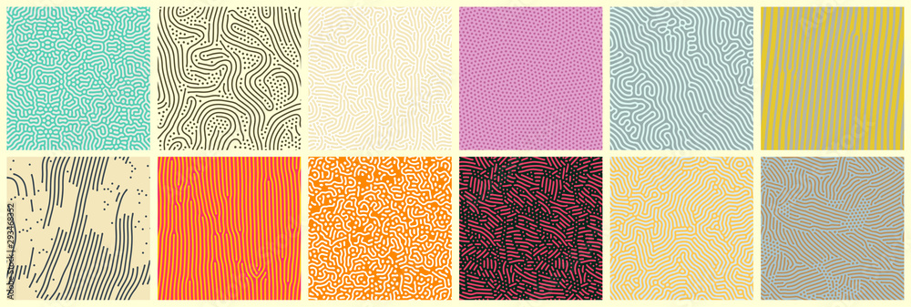 Aufkleber Abstract lines seamless patterns, vector modern trnedy backgrounds set. Organic patterns with color memphis dots and irregular doodle lines, squiggle texture creative design