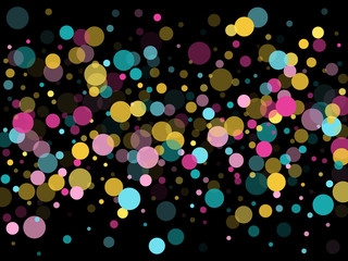 Memphis round confetti festive background in cyan blue, pink and yellow. Childish pattern vector.