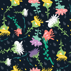 Vector seamless pattern with elegant colorful cartoon flowers.