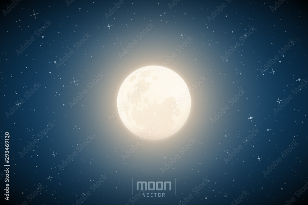 Sticker vector illustration with full moon in blue night starry sky. space background with earth satellite. 