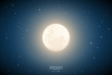 Vector illustration with full moon in blue night starry sky. Space background with Earth Satellite. White celestial object for planetarium or astronomy calendar