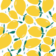Fruity vector seamless pattern with hand drawn lemons on white background.