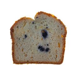 Slice of fresh blueberry cream cake on a white background.