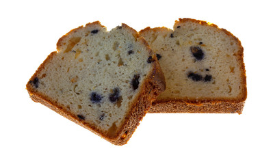 Slices of fresh blueberry cream cake on a white background.